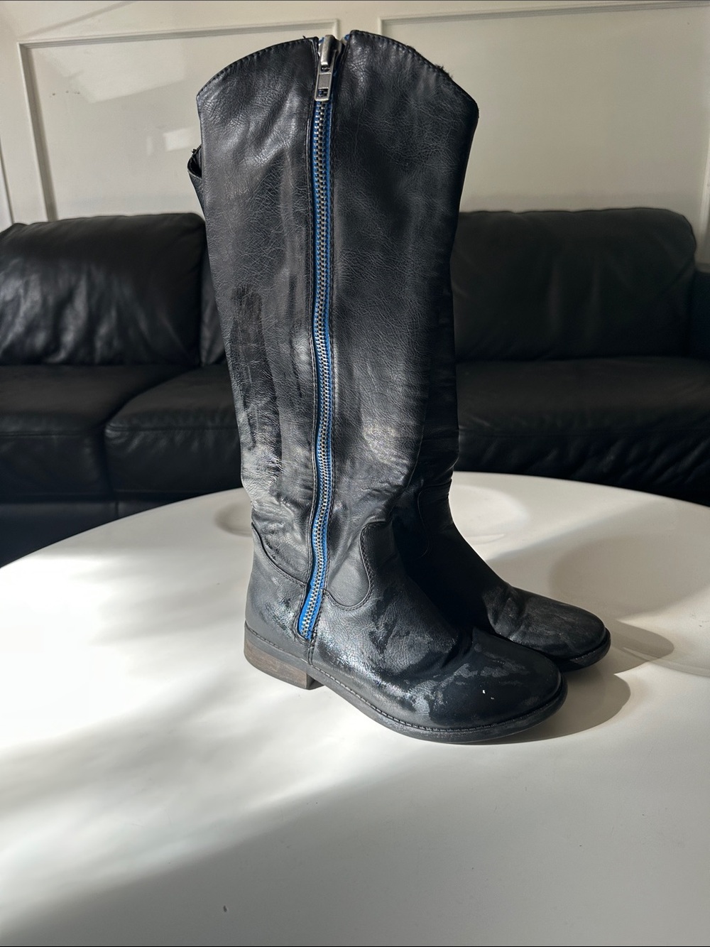 Black Leather Knee-High Boots with Blue Zip